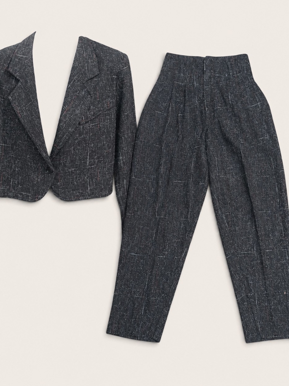 Vintage 80s High-Waist Charcoal Tweed Pants Suit
